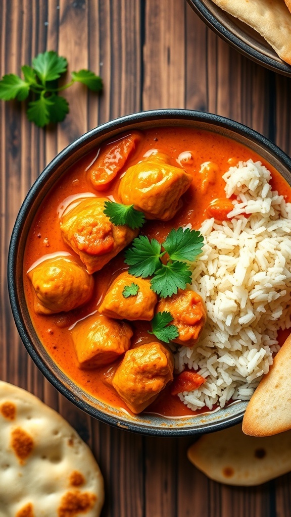 A bowl of Chicken Tikka Masala with chicken pieces in creamy tomato sauce, garnished with cilantro, served with rice and naan.